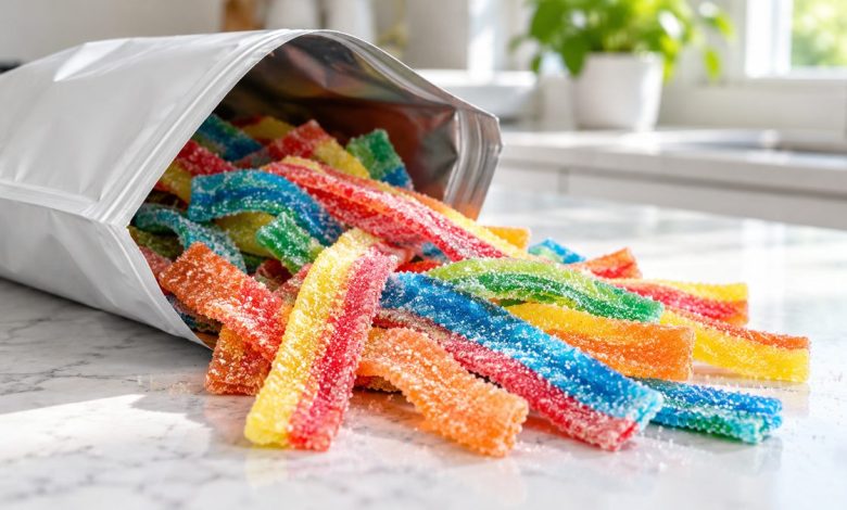 Colorful sugar-coated sour candy strips spilling out of a plain resealable pouch on a kitchen counter