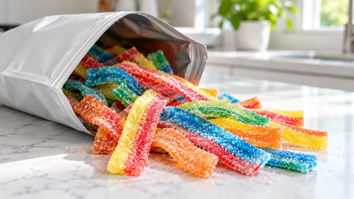 Colorful sugar-coated sour candy strips spilling out of a plain resealable pouch on a kitchen counter