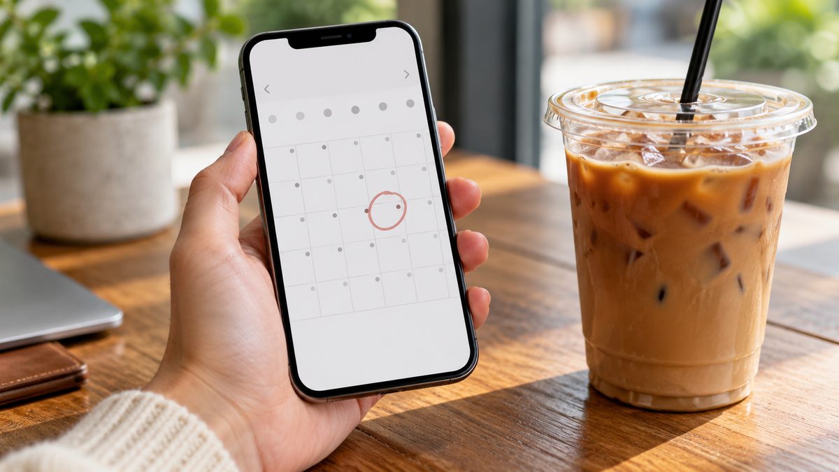 Close-up of a hand holding a smartphone showing a calendar with a birthday date circled next to an iced coffee