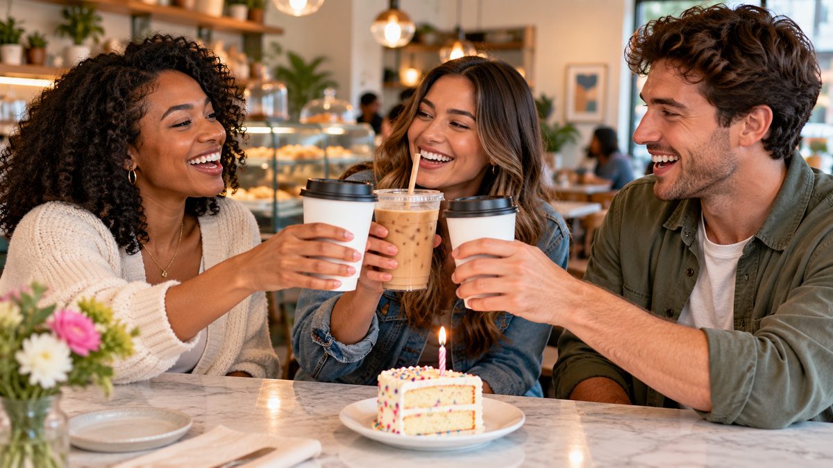 Friends clinking iced and hot coffee cups beside a slice of cake at a bright cafe counter