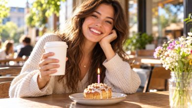 Smiling woman holding a takeaway coffee cup with a small birthday candle on a pastry at a sunny cafe table