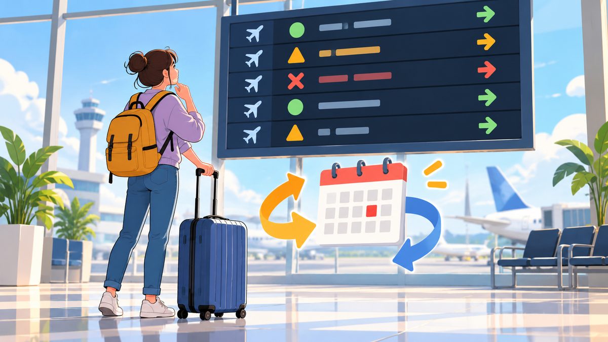 Young traveler with a rolling suitcase looking at a departures board with a calendar and arrows suggesting changed plans
