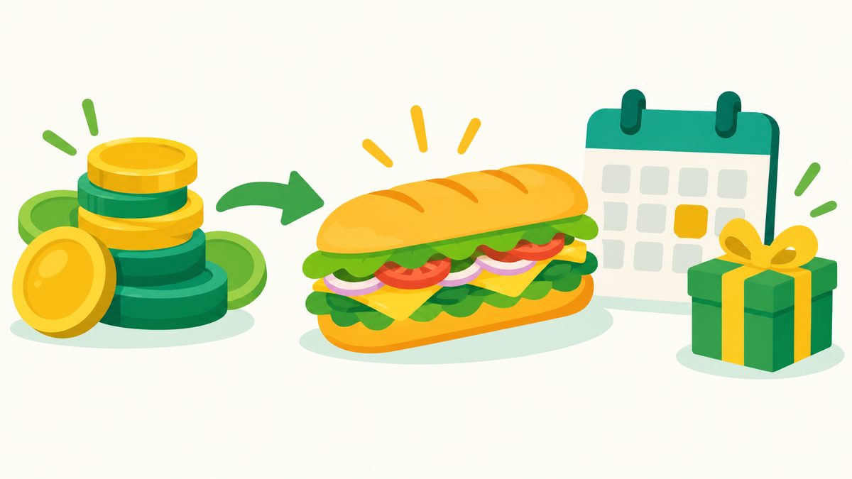 Illustration of reward coins turning into a sandwich with a calendar and birthday gift
