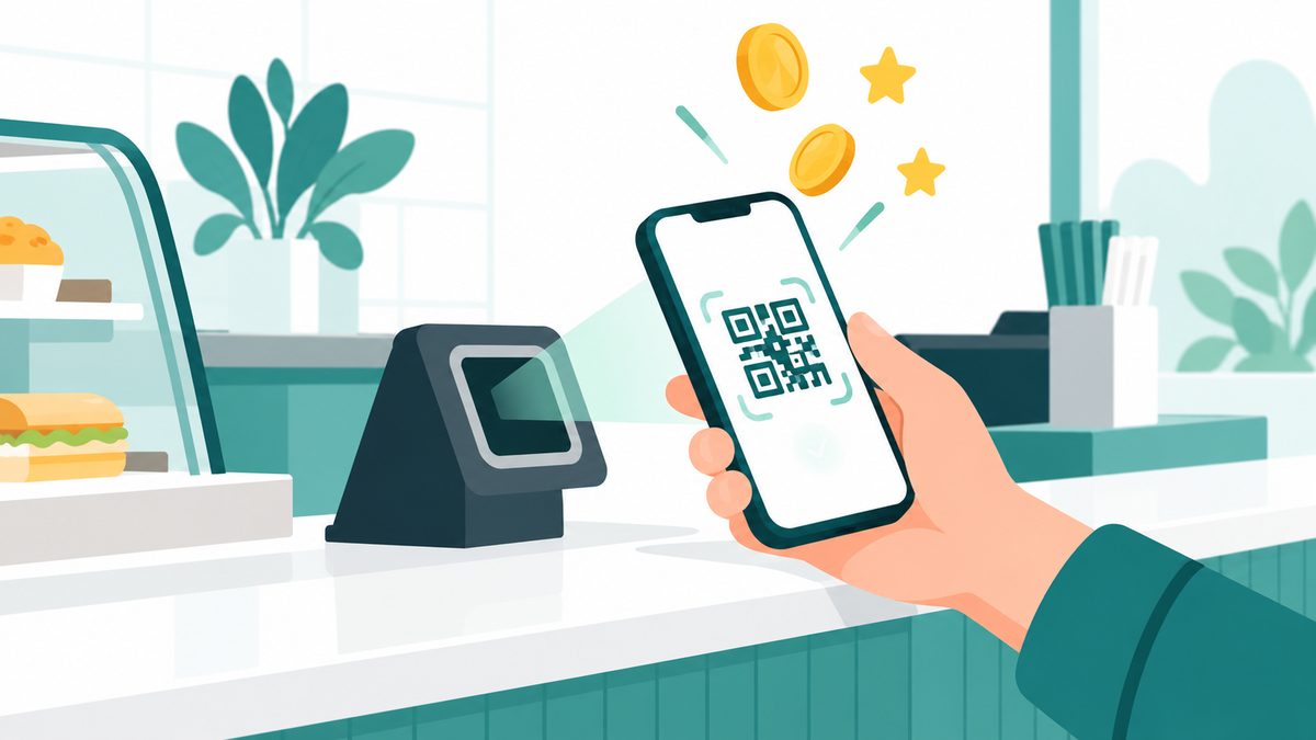 Hand scanning a QR code on a phone at a sandwich shop counter to earn reward points