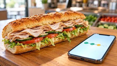 Footlong turkey sandwich on a counter next to a phone showing a rewards progress screen