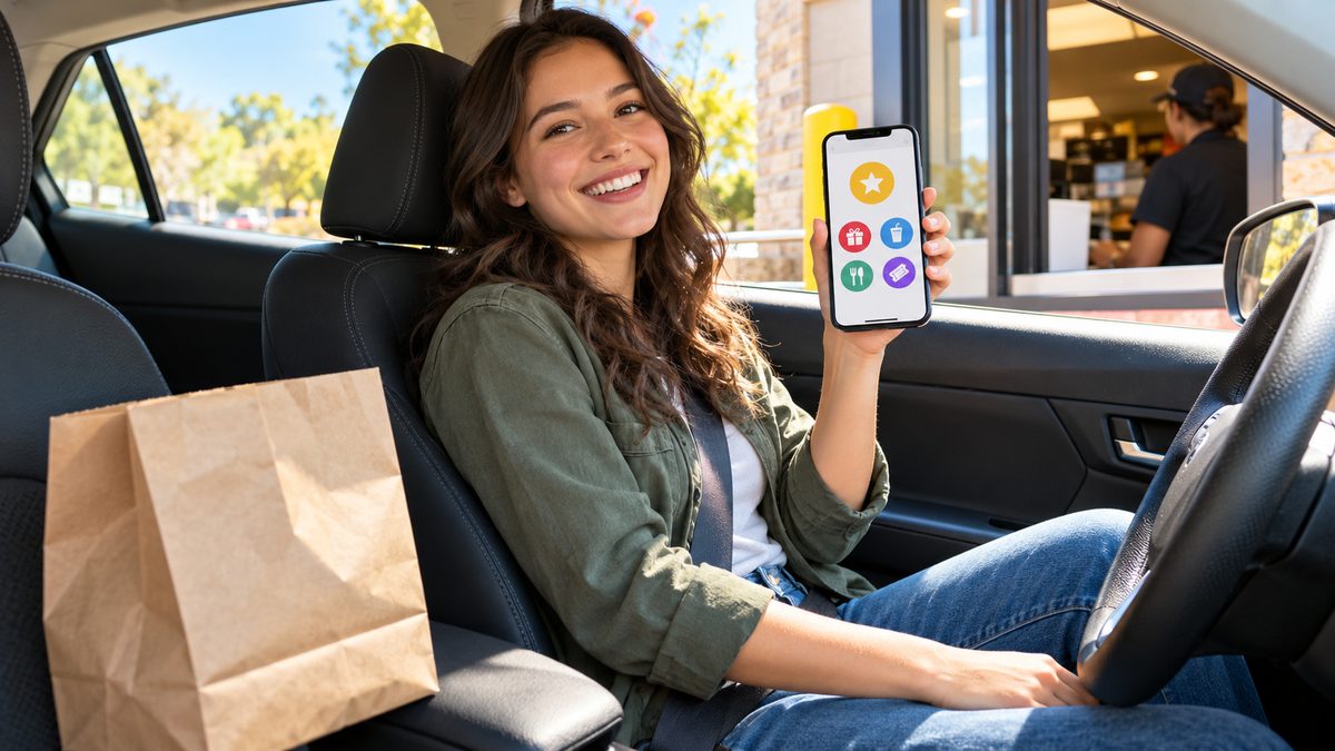 Smiling woman in a car at a drive-thru holding a rewards app on her phone