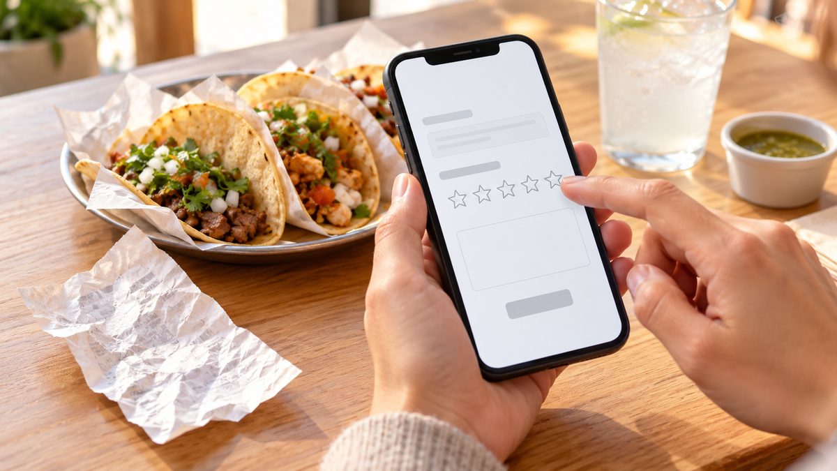 Hands holding a phone showing a star-rating feedback form next to tacos and a receipt
