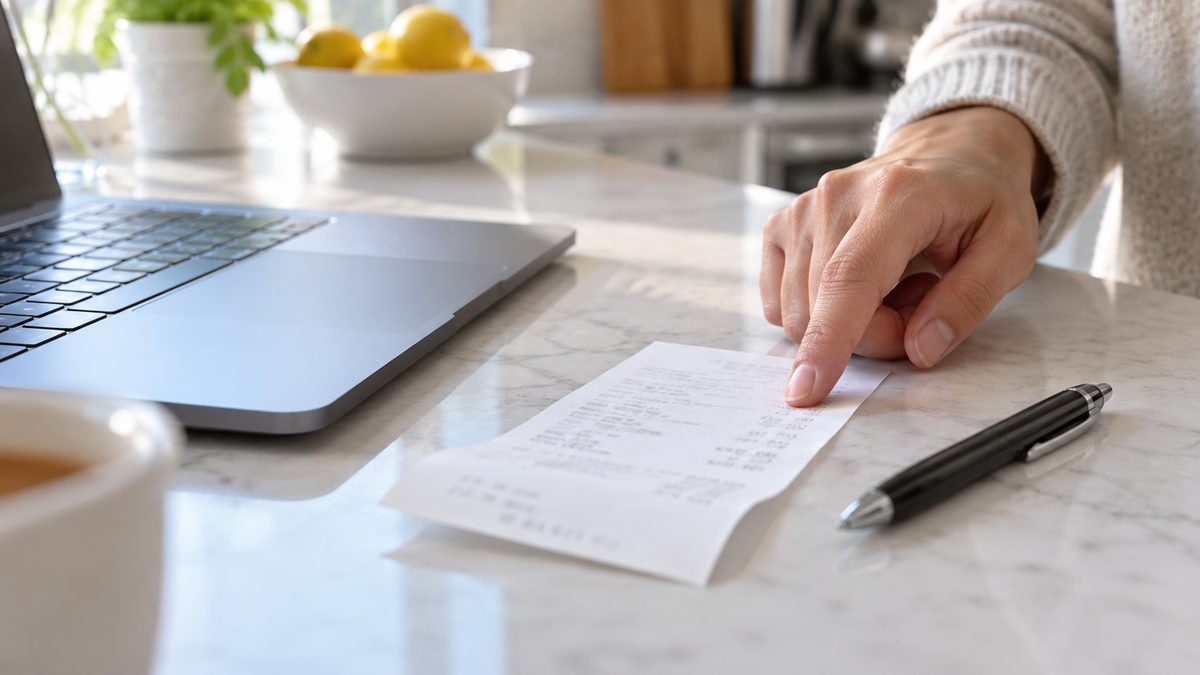 Hand pointing at a fast-food receipt next to a laptop and pen