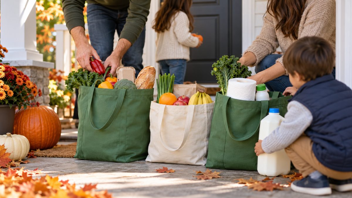 Family unpacking a same-day home delivery of groceries and household items at the front door