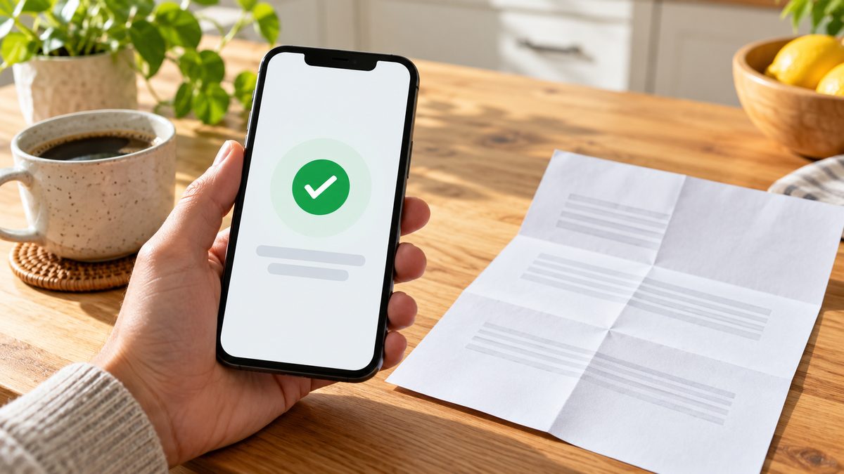 Hand holding a smartphone showing an account verification screen next to a folded document on a kitchen table