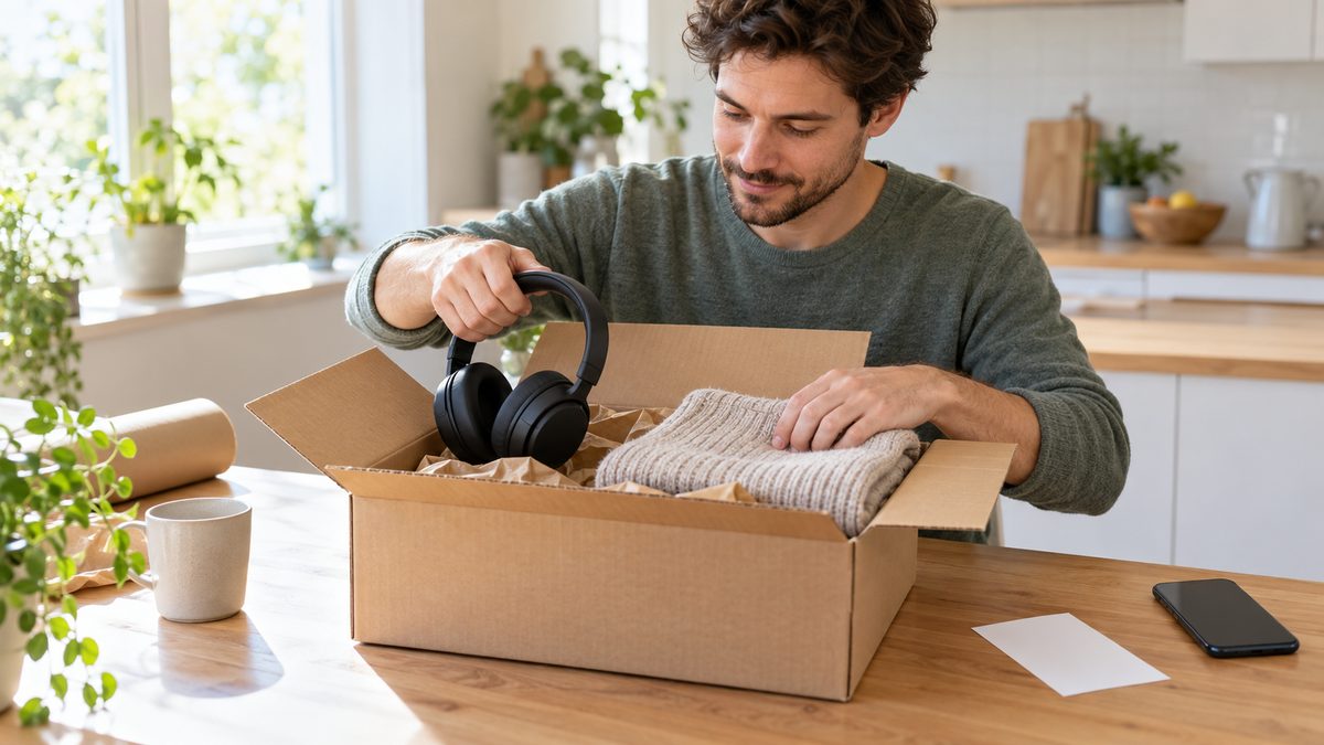 Person packing an item into a shipping box with a printed return label at home