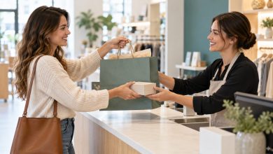 Shopper bringing a shopping bag and a boxed item to a store return counter