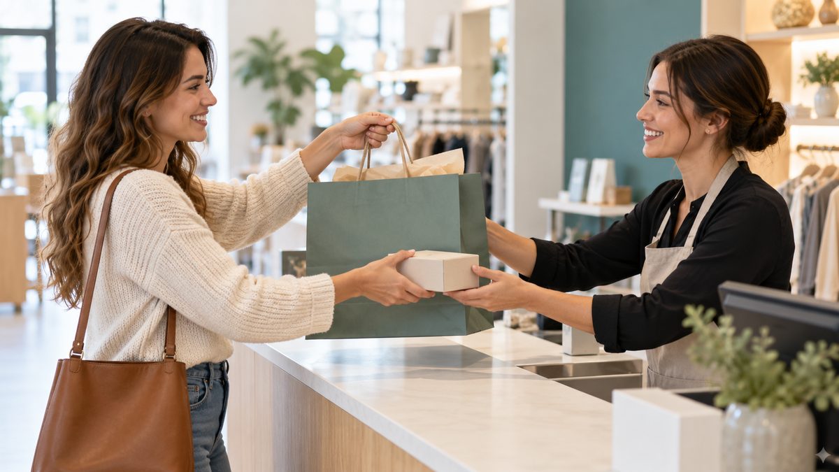 Shopper bringing a shopping bag and a boxed item to a store return counter