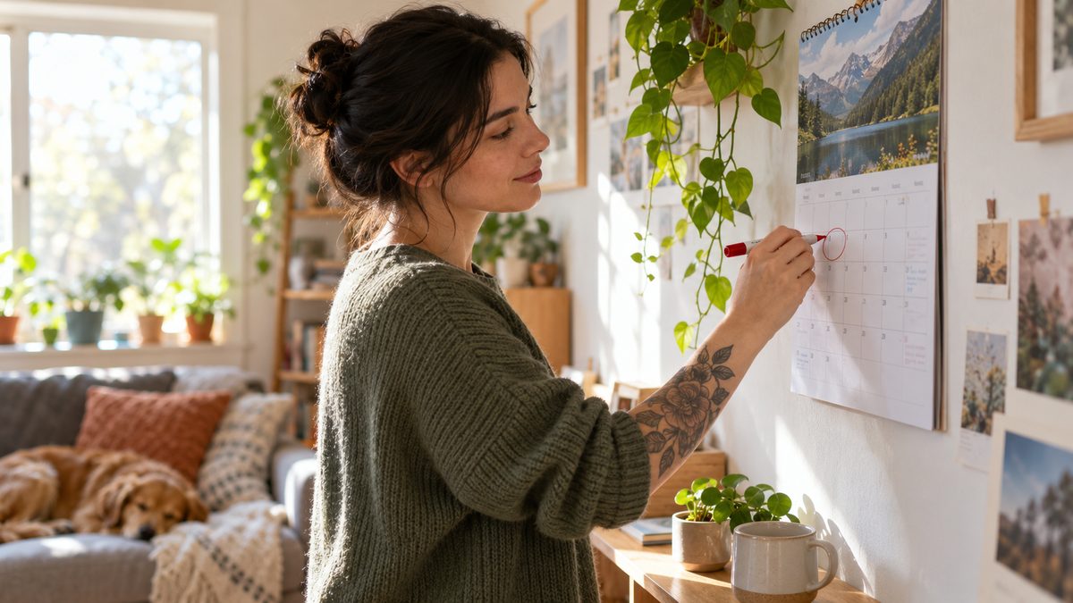 Person with a healed forearm tattoo circling a date on a wall calendar