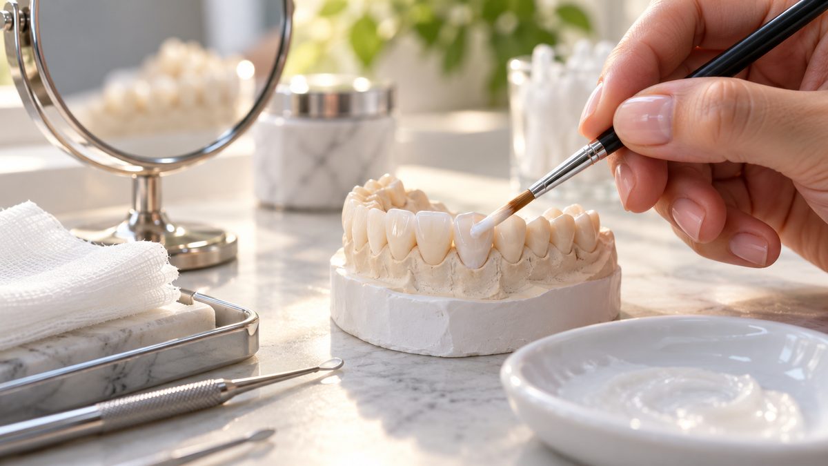 Close-up of a hand painting a thin layer of white cosmetic polish onto a model tooth