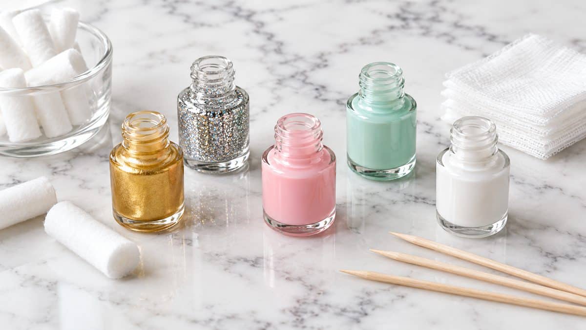 Small bottles of colorful tooth polish arranged on a bathroom counter with cotton rolls and gauze