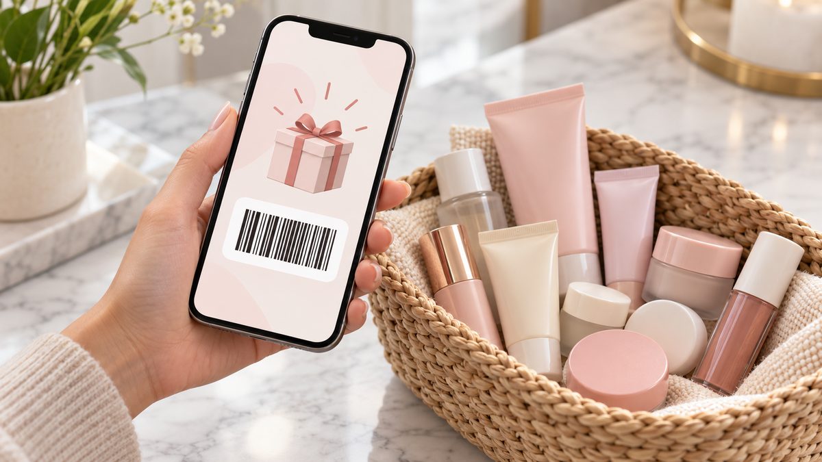 Hand holding a smartphone showing a birthday coupon screen above a basket of skincare and makeup minis