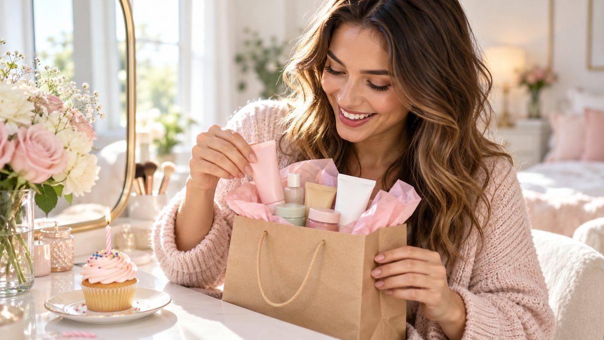 Smiling woman opening a small gift bag of deluxe beauty samples next to a birthday cupcake on a bright vanity
