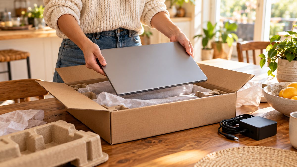 Person unboxing a new laptop at home on a wooden table with the box and packing materials nearby