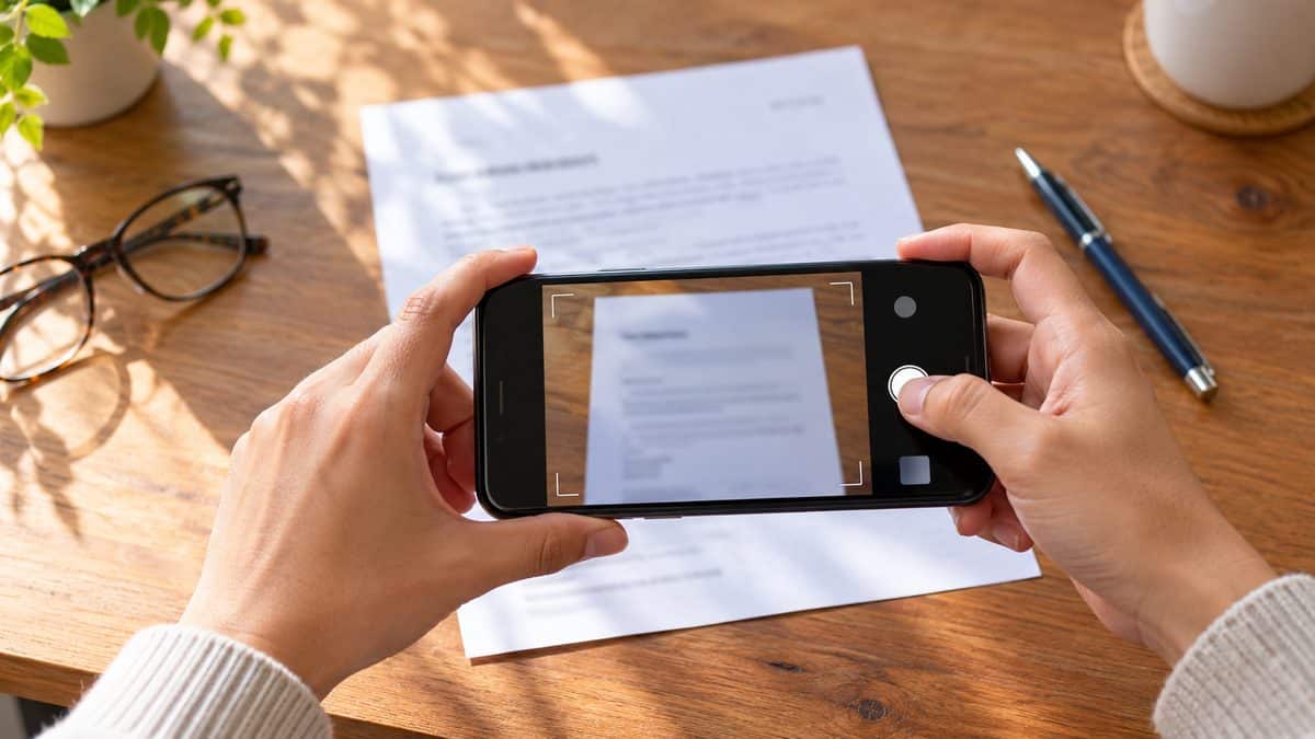 Person photographing an eligibility letter with a smartphone on a wooden table to upload for verification