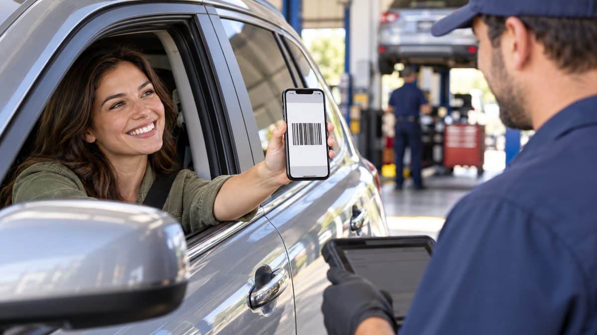 Driver showing a coupon on a smartphone through the car window at an oil change center