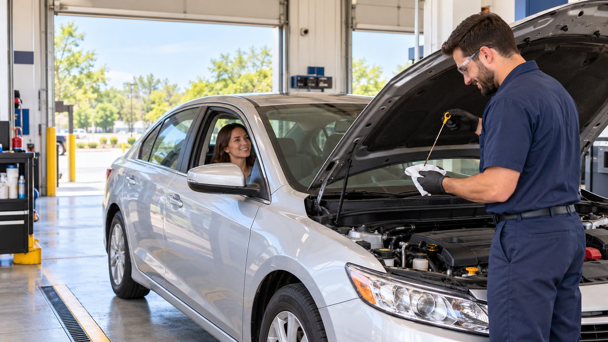 Technician checking the engine oil of a car at a drive-through oil change bay