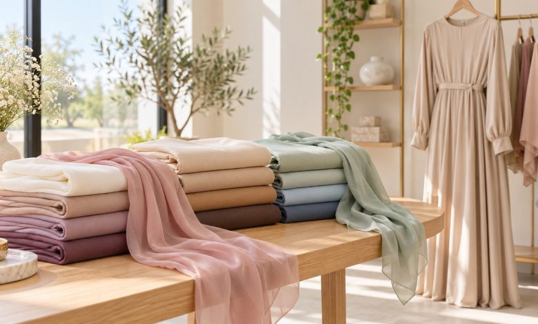 Folded modal and chiffon hijabs in soft neutral and pastel colors on a light wooden table with a maxi dress hanging behind