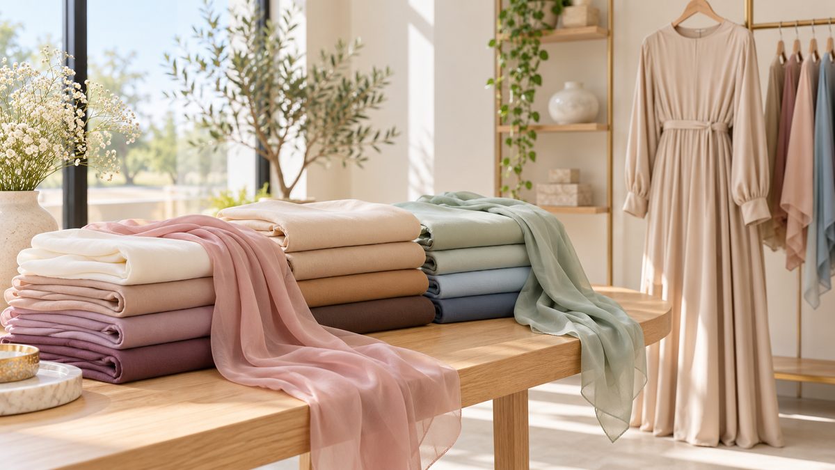 Folded modal and chiffon hijabs in soft neutral and pastel colors on a light wooden table with a maxi dress hanging behind