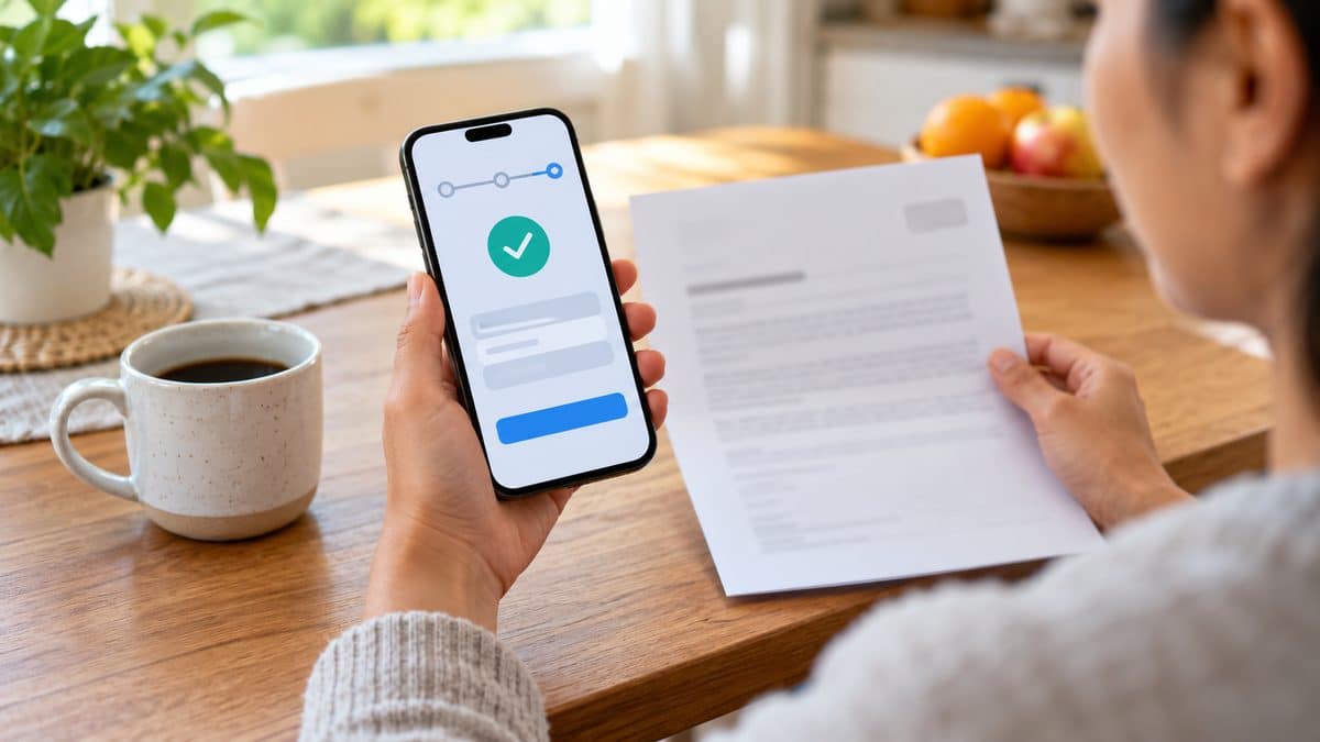 Person verifying benefits eligibility on a smartphone with a benefits letter on the table