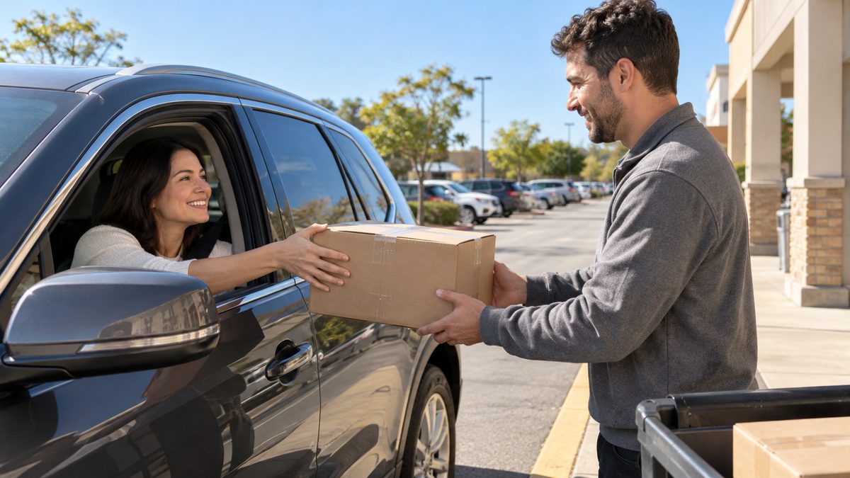 Customer at a store curbside area handing a return package to an associate