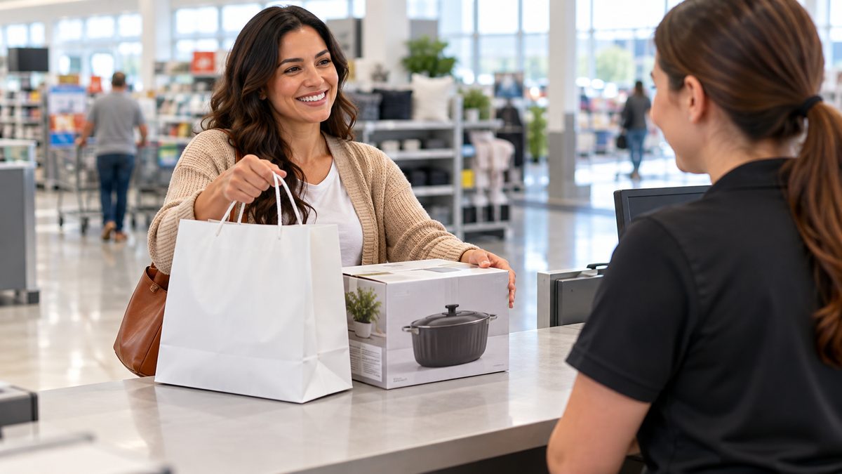Shopper carrying a shopping bag and a boxed item to a bright store return counter