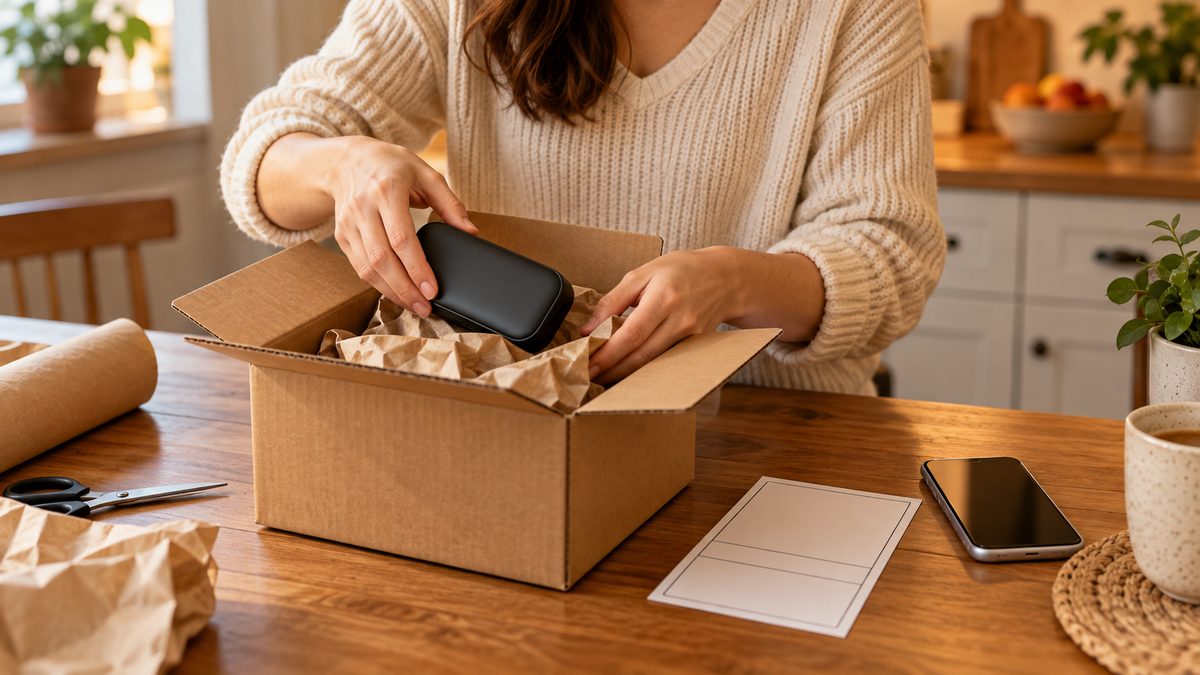 Person packing a small appliance into a shipping box with a printed return label at home