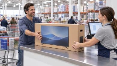 Shopper at a store service counter handing back a boxed flat-screen TV for a return
