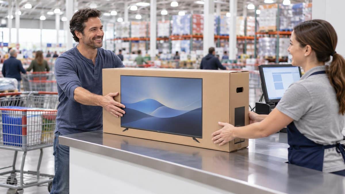 Shopper at a store service counter handing back a boxed flat-screen TV for a return