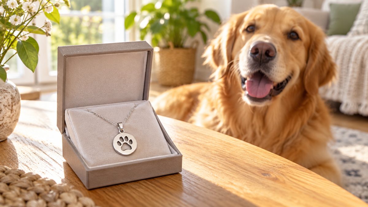 Personalized paw-print pendant necklace in a gift box with a dog in the background