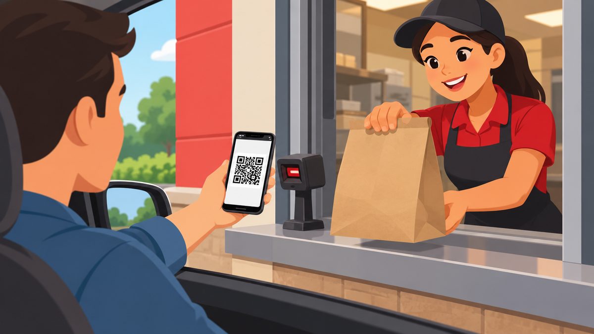 Illustration of a customer scanning a QR code at a drive-thru pickup window