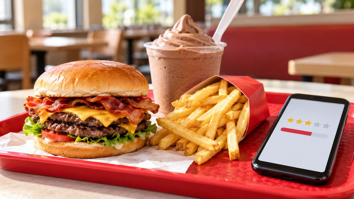 Fast food burger, fries and frozen dessert on a tray next to a phone showing a rewards app