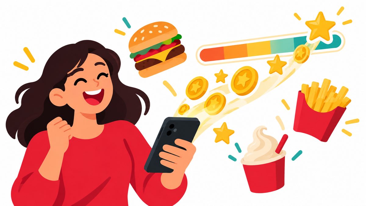 Illustration of points adding up on a phone as a customer orders food