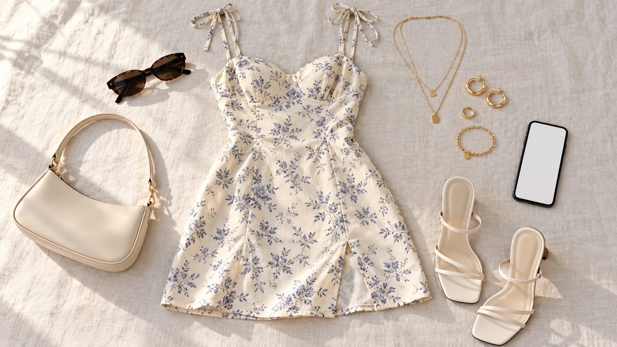 Flat lay of a mini dress, gold jewelry, sunglasses, handbag and smartphone on linen