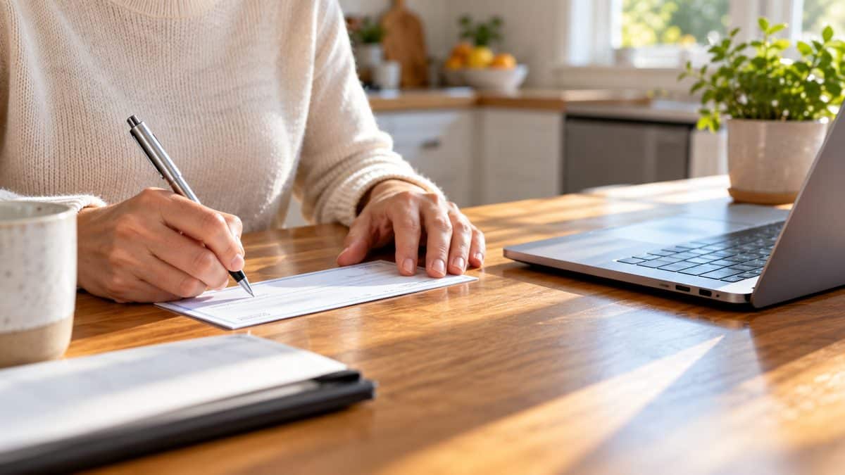 Person writing a paper check at a kitchen table in natural daylight
