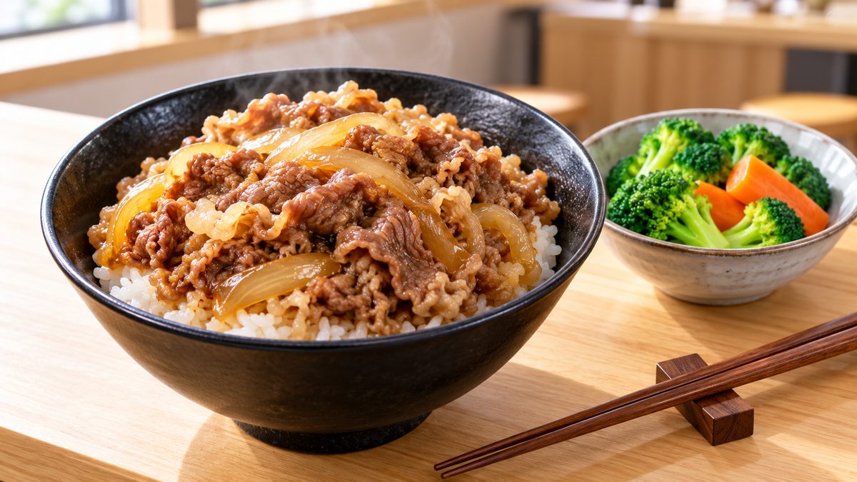Japanese beef rice bowl with simmered beef and onions over rice, the kind of meal Yoshinoya coupons apply to