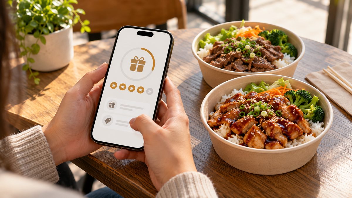 Phone with a rewards app next to teriyaki chicken and beef rice bowls, illustrating Yoshinoya Rewards points
