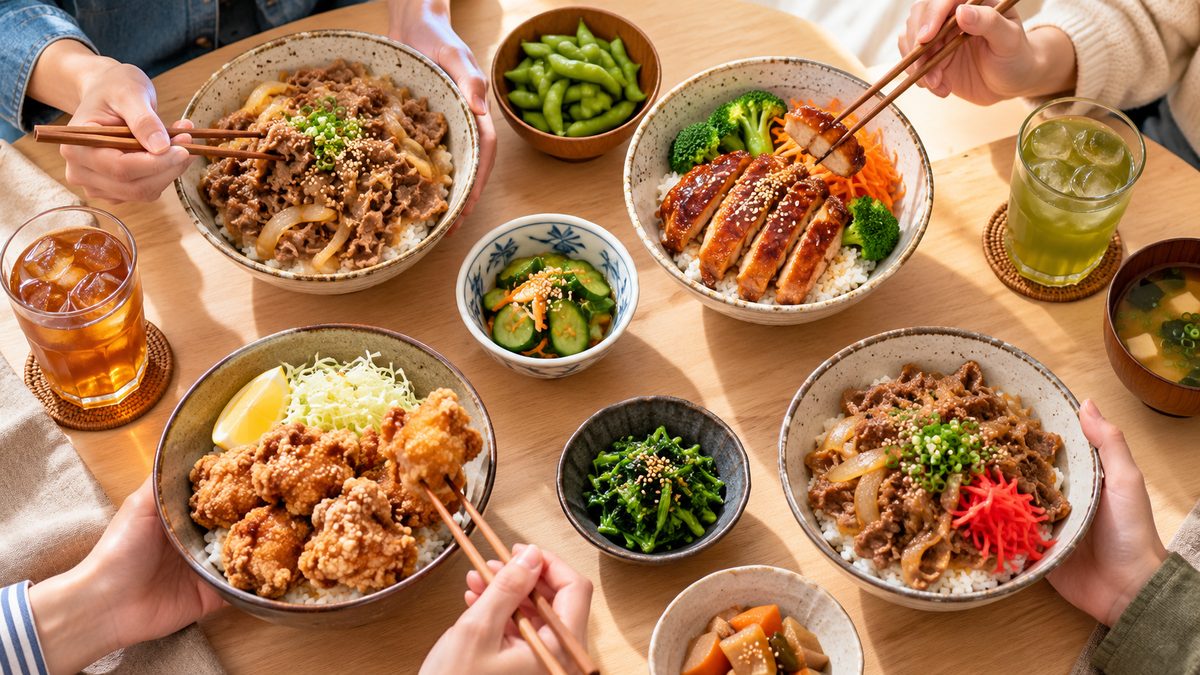 Group meal of several rice bowls, a good fit for Yoshinoya percent-off coupons with a minimum purchase