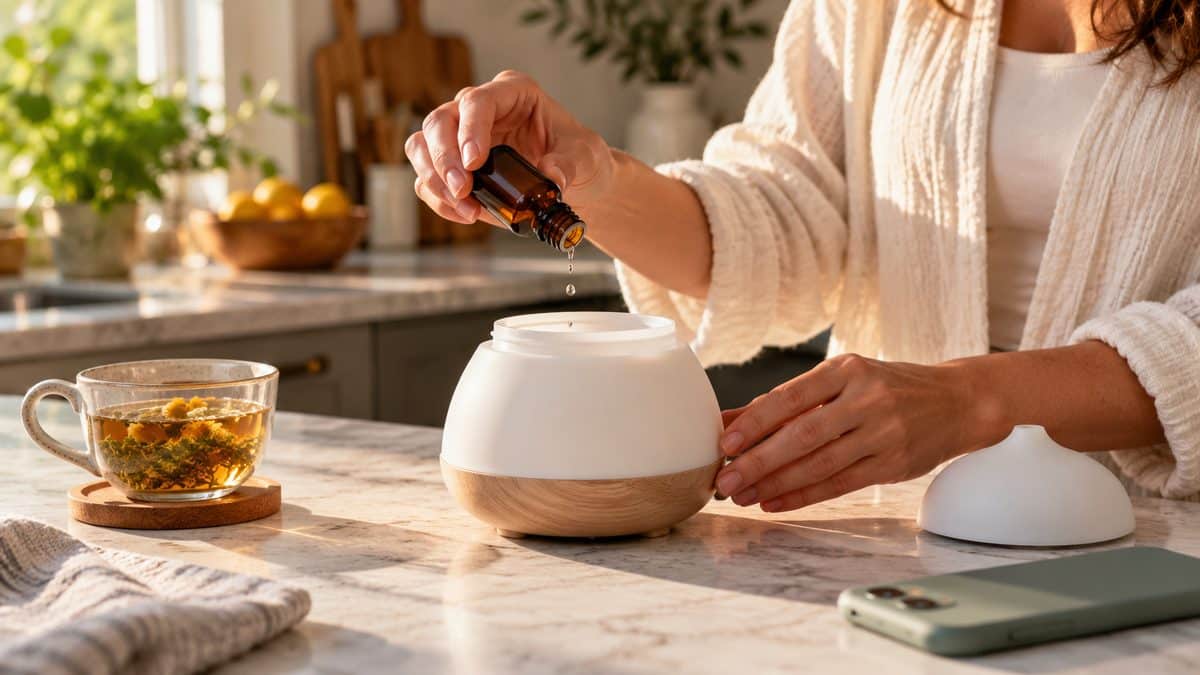Hands adding essential oil drops to a white diffuser on a kitchen counter next to herbal tea