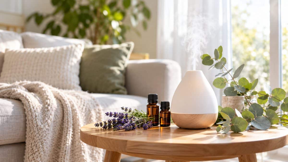 White aroma diffuser with essential oil bottles, lavender and eucalyptus on a side table in a bright living room