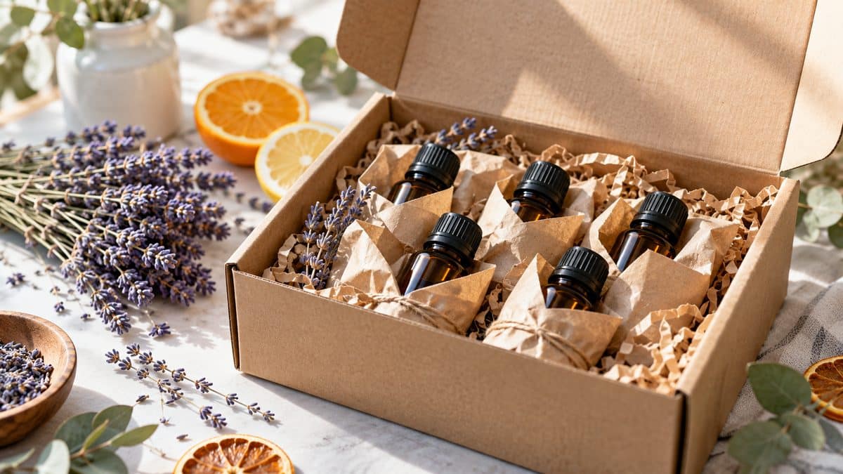 Open delivery box of amber essential oil bottles with dried lavender and orange slices